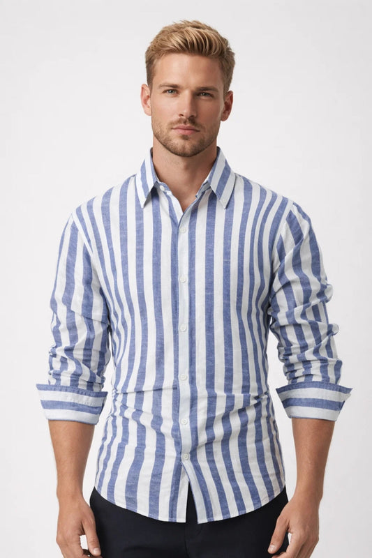 Camisa casual de hombre de manga larga a rayas con botones, tejido broadcloth de poliéster