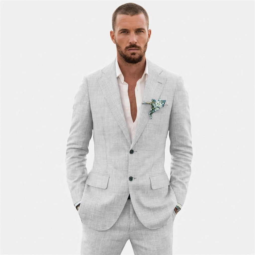 Traje de Lino de Dos Piezas para Hombre Slim Fit Blazer y Pantalones Conjunto Formal para Bodas